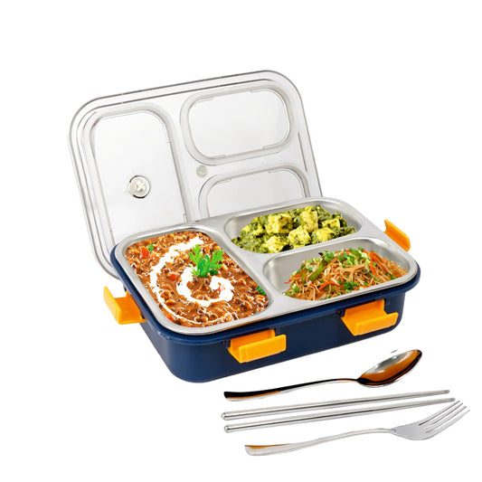 Stainless Steel Lunch Box with 3 Compartment, Spoon & Fork - Durable Perfect Size for On-The-Go Meal