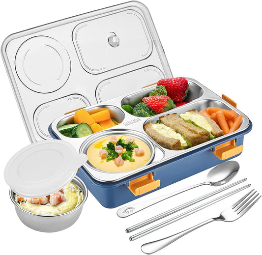 Stainless Steel Lunch Box with 3 Compartment, Spoon & Fork - Durable Perfect Size for On-The-Go Meal